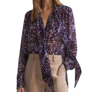 REISS Tora Animal Print Tie Neck Blouse Sz 6 Sheer Lightweight Career